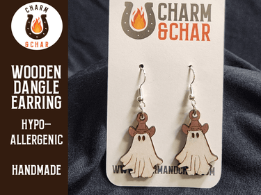 Boohaw Ghost with Cowboy Hat Wood Dangle Earrings - Halloween Fashion Earring - Dangle Earring - Charm and Char